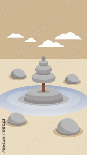 Zen garden with stacked stones and cloudscape above