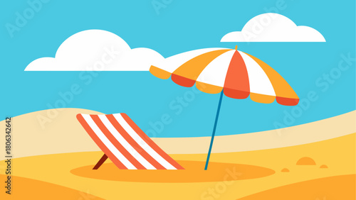 Beach scene with umbrella and deck chair in summer
