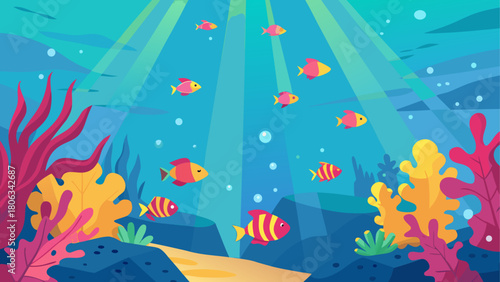 Cartoon underwater scene with fish and coral reefs