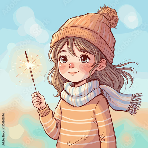 Girl smiling while holding a sparkler outdoors in winter  
