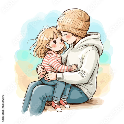 Young man hugging smiling child while sitting outdoors in winter  