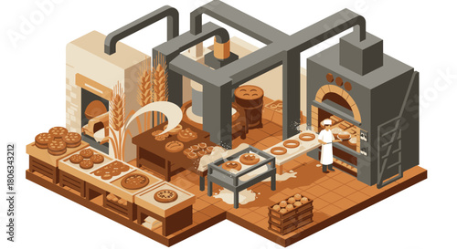 An intricate isometric illustration showcases a bustling traditional bakery production line, where skilled bakers craft fresh bread and pastries using industrial ovens and conveyor systems.