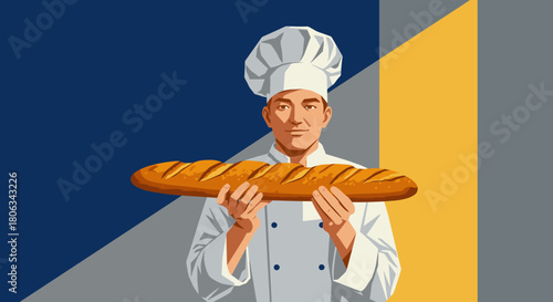 A cheerful male baker proudly presents a freshly baked, golden brown baguette, symbolizing artisanal craft and delicious culinary tradition.