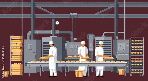 Skilled bakers in white uniforms meticulously arrange fresh bread rolls on an automated conveyor belt within a modern food production factory.
