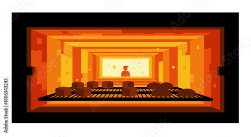 A captivating pixel art illustration showcases dark, geometric items cooking on a grill inside a glowing orange furnace, with a silhouetted worker present.