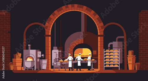 Skilled bakers meticulously produce fresh, delicious bread in a bustling, traditional artisan bakery featuring a glowing brick oven.