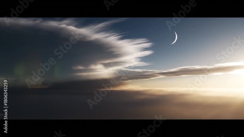 A sweeping ethereal cloudscape seen from above featuring a dramatic diagonal transition from stormy dark clouds to a lighter glowing sky as golden light breaks through the edges and a crescent moon fl
