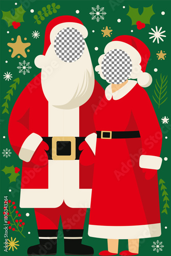 Santa and Mrs Claus Christmas photobooth cut out board with face holes on green festive background. Cute holiday couple costume prop for party, selfie booth or decor and winter celebration backdrop