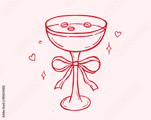 Espresso martini cocktail with coquette bow, pink hand drawn illustration, whimsical sketch for bride party design with drink glass