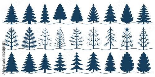 A vector illustration of fir and pine trees. Set of fir trees silhouettes. set of fir trees silhouette forest view pine trees. Vector Christmas Tree Silhouette Set. Collection of Pine, Fir, and Spruce