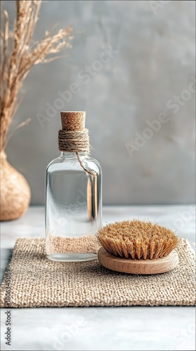 A glass bottle with a cork stopper and twine, and a wooden scrub brush are displayed on a burlap mat, suggesting natural cleaning or skincare.