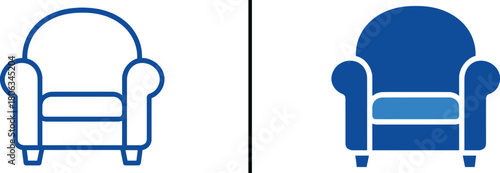 Blue Armchair Set: Two stylized illustrations of a classic armchair, one in outline and the other filled, showcasing the iconic furniture piece.