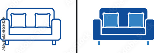 Sofa Iconography: Two stylized illustrations showcasing a comfortable sofa, rendered in both outline and solid-color variants, ideal for design concepts related to interior design, furniture.