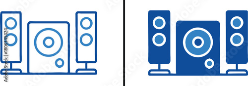 Sound System Illustration: A minimalist illustration of a home sound system in shades of blue, the speakers, and subwoofer arranged, exuding modern simplicity. 