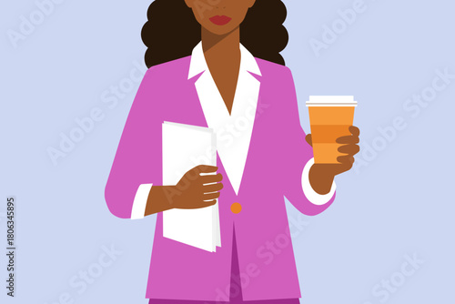 Businesswoman holding coffee and legal documents as paralegal or office assistant working in law firm, business, administration or corporate management, reviewing paperwork, contracts and case files