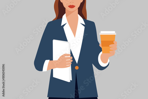Businesswoman holding coffee and legal documents as paralegal or office assistant working in law firm, business, administration or corporate management, reviewing paperwork, contracts and case files