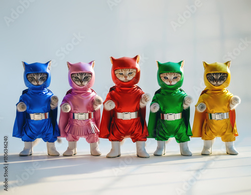 Five colorful superhero cats lined up as hero squad on white background