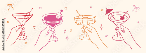 Hand holding martini glass with olive and umbrella, whimsical isolated vector illustration. Cocktail doodle line sketch, set, collection