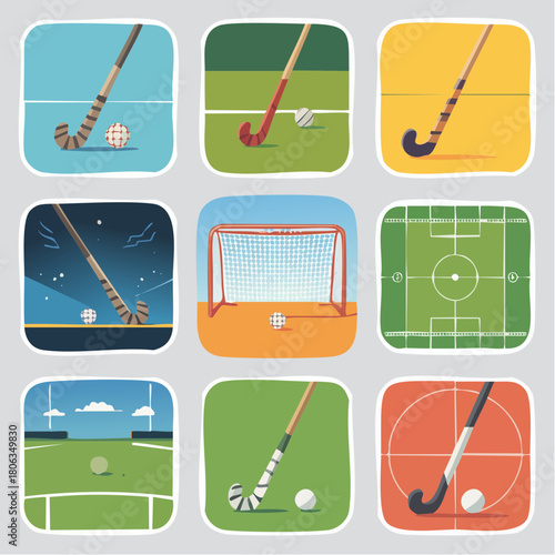 A collection of nine modern, flat design icons representing the sport of field hockey, including sticks, balls, goals, and fields.
