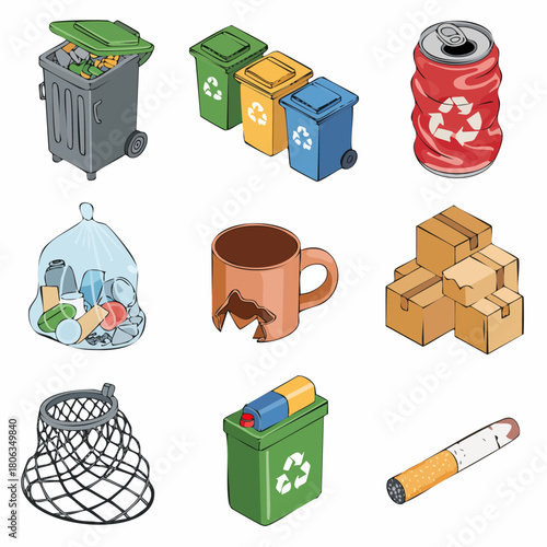 A collection of vector illustrations depicting various types of garbage, waste, and recycling items.