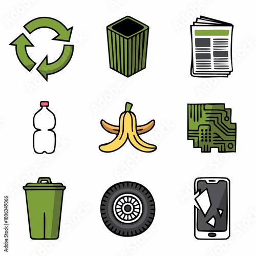 A collection of nine vector icons illustrating different types of waste, including recyclable, organic, and electronic materials.