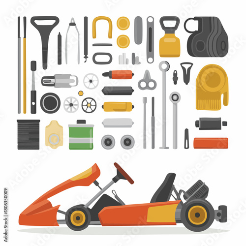 Vector illustration of a go-kart with its disassembled components laid out above the assembled vehicle.