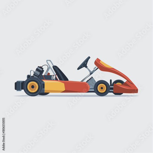 Side profile vector illustration of a red and yellow go-kart on a light grey background.