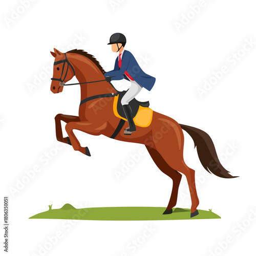 Equestrian rider in a blue jacket and helmet jumping over a green obstacle on a brown horse, isolated vector illustration.