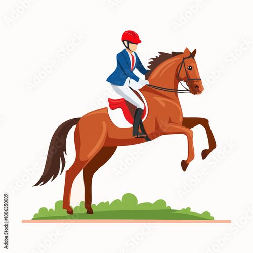 Equestrian rider in a red helmet and blue jacket jumping over an obstacle on a brown horse.