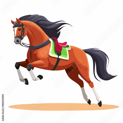 A dynamic cartoon illustration of a saddled brown horse jumping with a flowing black mane and tail.