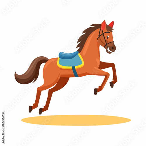 A cheerful brown cartoon horse with a blue saddle jumping happily on a white background.