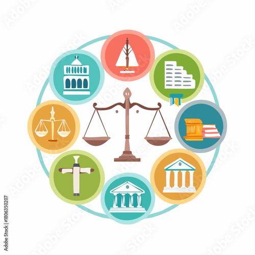 Scales of justice surrounded by circular icons representing the legal system, government, and law.