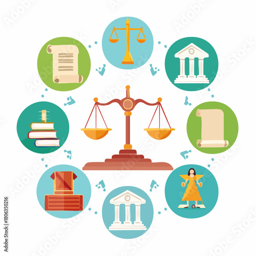 Scales of justice surrounded by icons representing law, government, and the legal system.