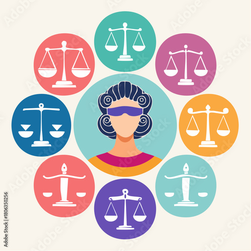A stylized illustration of Lady Justice, blindfolded and surrounded by eight circular icons of balance scales.