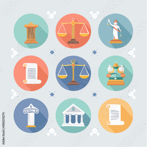 A collection of flat design icons representing symbols of law and justice, including scales, columns, and legal documents.