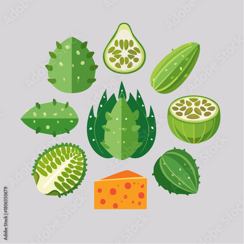 A collection of illustrated green spiky kiwano fruits and a wedge of cheese on a gray background.