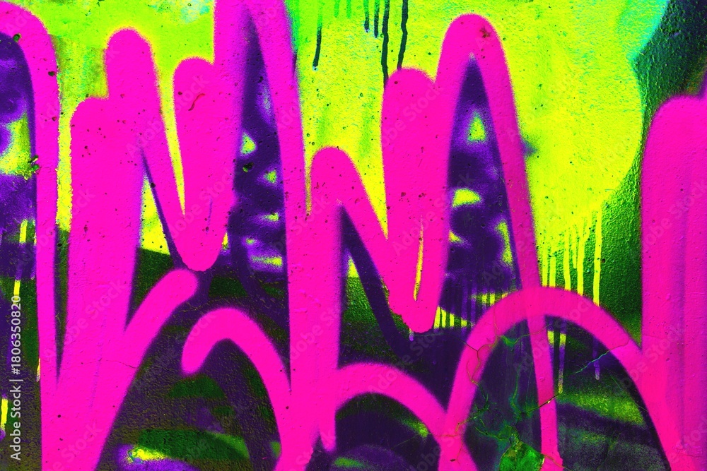 Obraz premium Neon graffiti pattern in vibrant pink, green with drips. Bold 90s, Y2K style, street art vibe, fluorescent colors. Posters, digital art, modern Y2K creative banner, urban visuals.