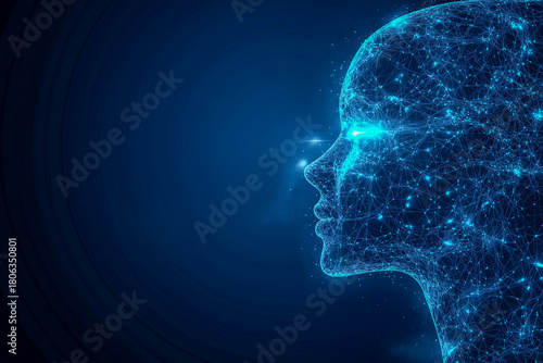 Artificial intelligence profile with glowing network connections and a focused gaze against a deep blue backdrop. 100 Characters