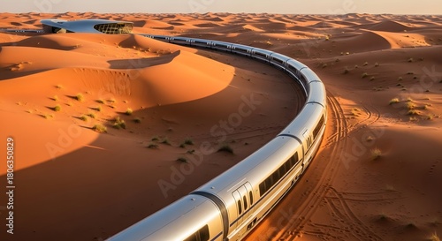 Aerial View of Futuristic Hyperloop Train Crossing Saudi Arabia Desert Dunes