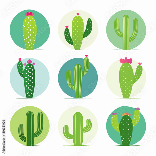 A collection of nine different stylized green cactus illustrations with pink flowers set in circular frames.