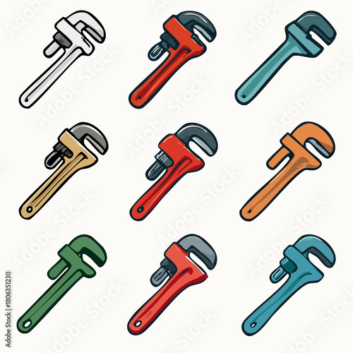 A collection of nine colorful pipe wrenches arranged in a 3x3 grid, depicted in a cartoon vector style.
