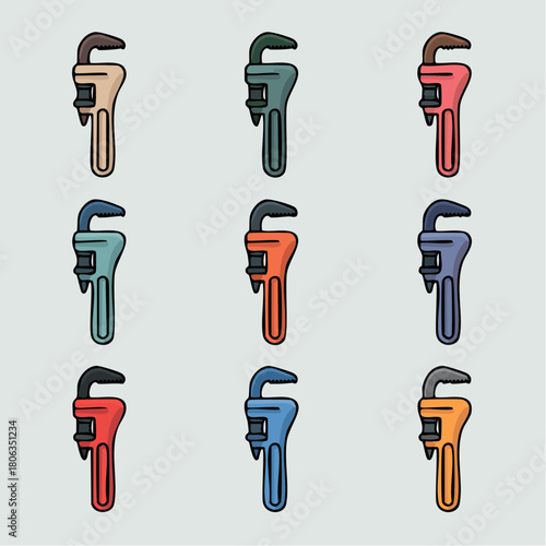 A collection of nine colorful pipe wrench illustrations arranged in a grid on a plain background.