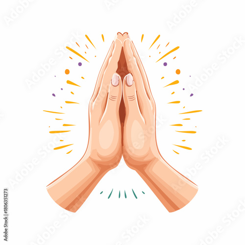 Vector illustration of two hands pressed together in a prayer or Namaste gesture, surrounded by radiant light.