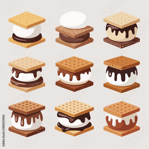 A collection of nine delicious s'mores variations, illustrated in a clean, flat vector style on a light background.