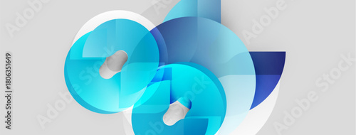 Abstract composition featuring overlapping blue circles, gradients, soft shadows. Modern design evokes fluidity, technology, innovation.