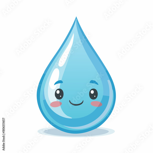 A cute cartoon water droplet character with a happy smiling face and rosy cheeks, isolated on a white background.