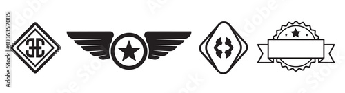 Four Black and White Emblem Icons With Wings Star Ribbon and Abstract Shapes Keywords: emblem, icon, badge, set, symbol, design, graphic, award