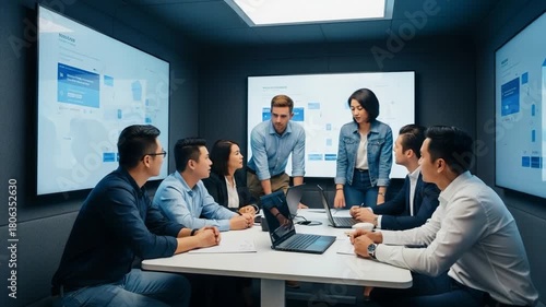 A dynamic meeting takes place in a modern conference room with a diverse group of professionals engaged in collaborative discussion, focusing on digital presentations displayed on large screen panels.