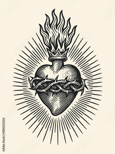 Flaming sacred heart with thorns engraving vector illustration