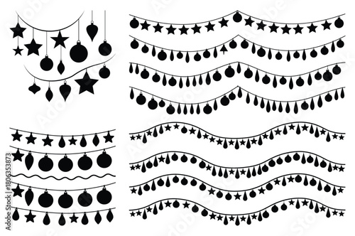 Christmas ornaments, stars, baubles & teardrop shapes on string lights